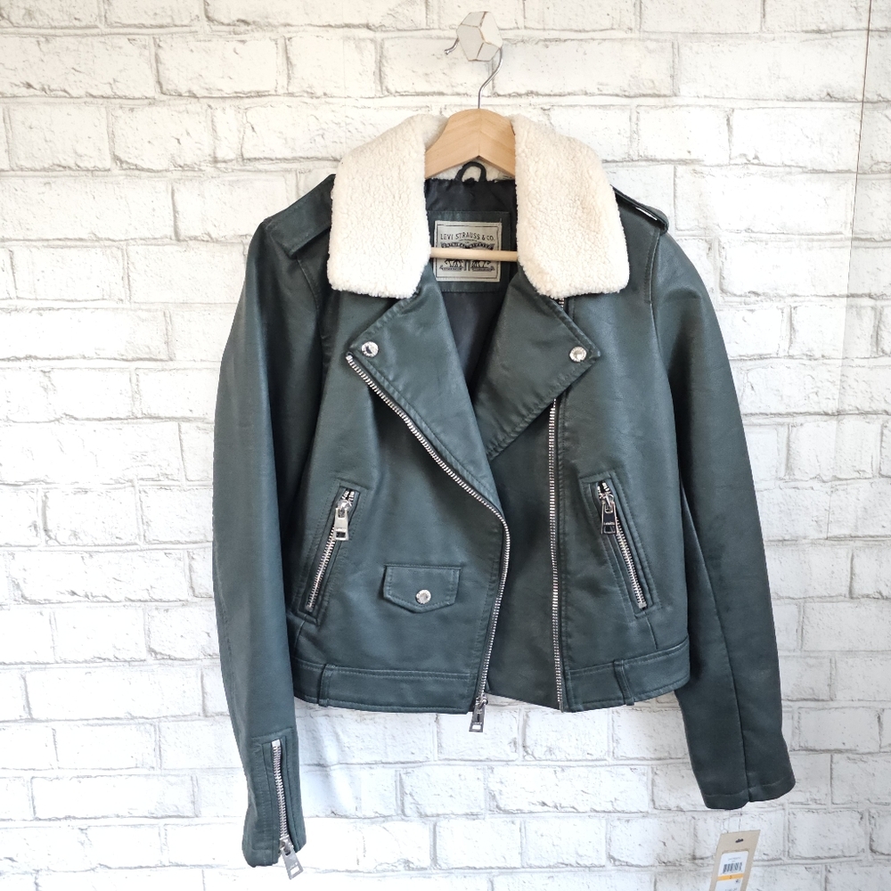 ☆ LEVI'S Green Faux-Leather Moto Jacket, S
